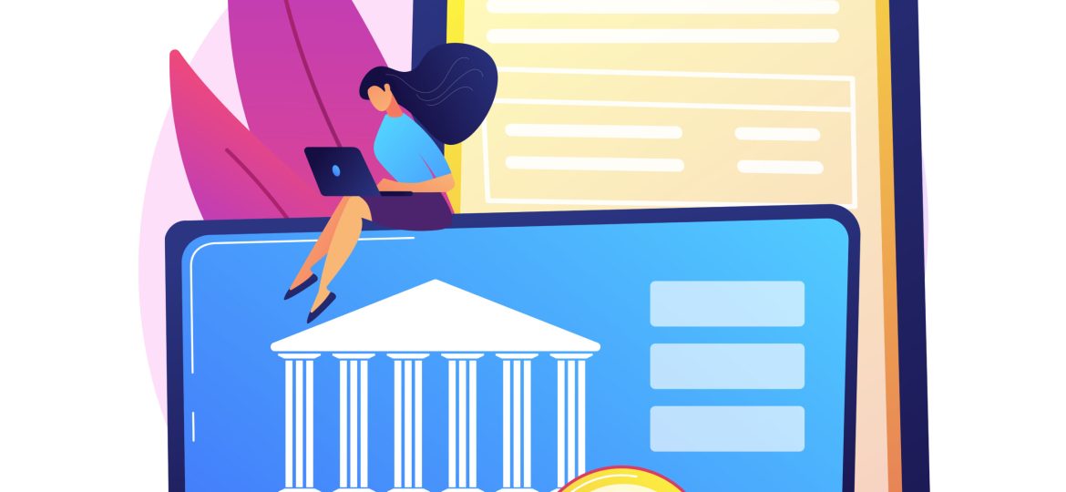 Online banking. Man with coins using laptop cartoon character. Bank account, income savings, cashless ppayment. Freelancer with computer making money. Vector isolated concept metaphor illustration