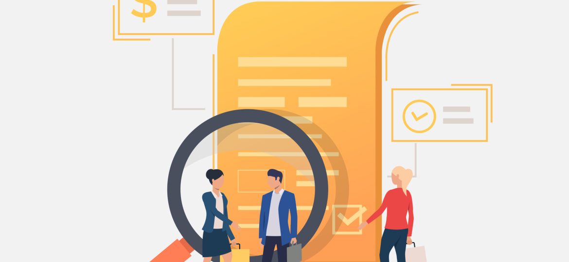 Business people standing at document. Magnifying glass, analysis, contract. Search concept. Vector illustration can be used for topics like business, internet, partnership